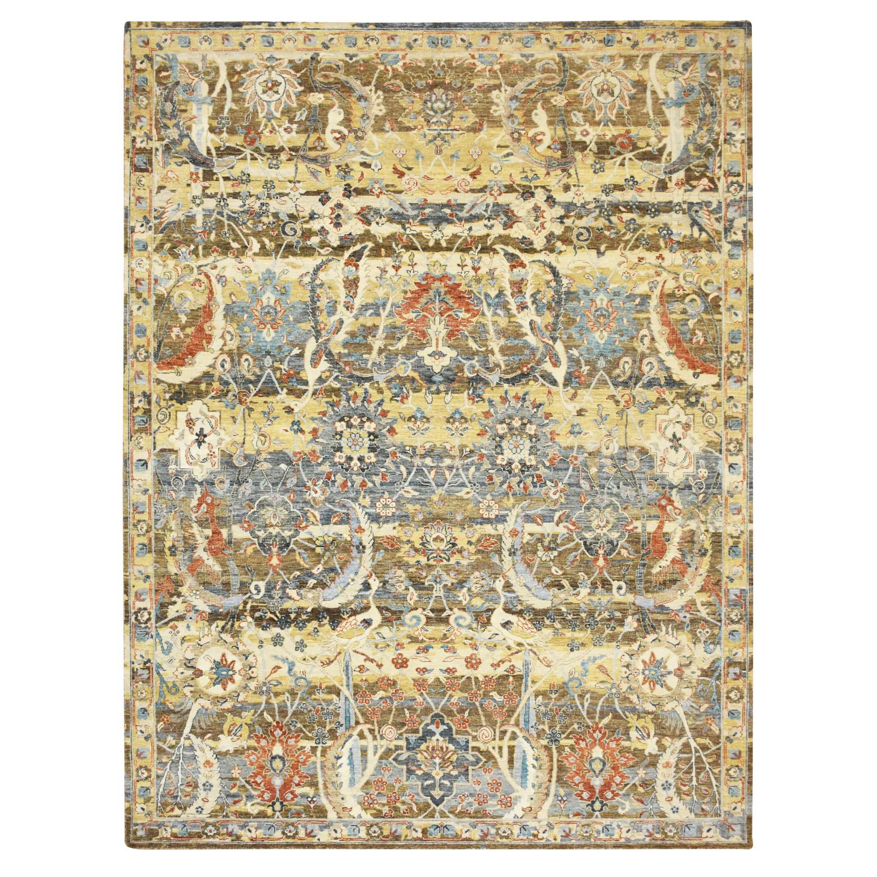 9'1"x12' Chocolate Brown with Yellow, Abrash Persian Design, 100% Pure Wool, Zero Pile, Shaved Low, Hand Knotted Oriental Rug 